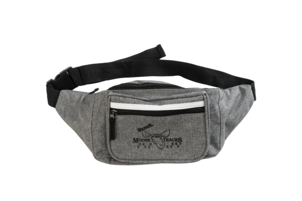 Heather grey belt bag or fanny pack with black outline of Moose Tracks ice cream logo