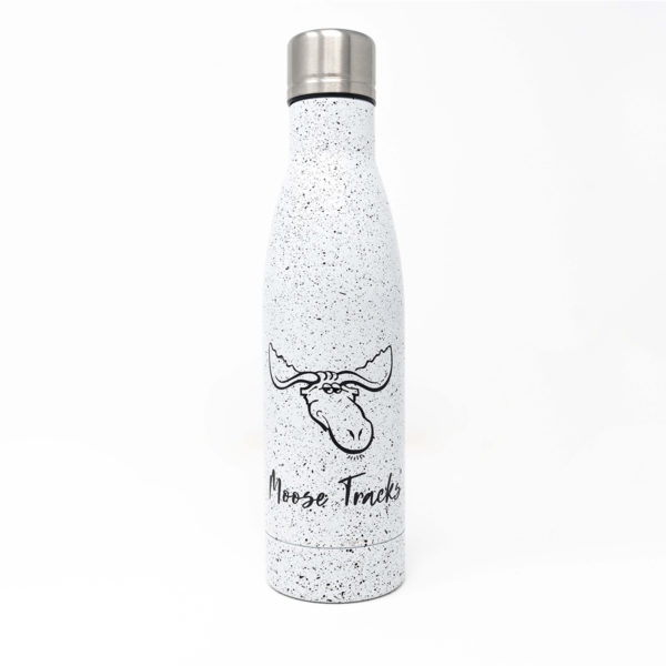 White speckled water bottle with black Moose Tracks logo