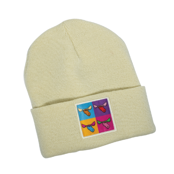 tan moose tracks beanie with pop art moose tracks patch on cuff