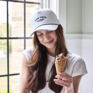 white imperial rope hat with moose tracks ice cream est. 1988 embroidered with black thread