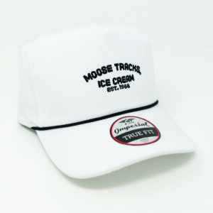 white imperial rope hat with moose tracks ice cream est. 1988 embroidered with black thread