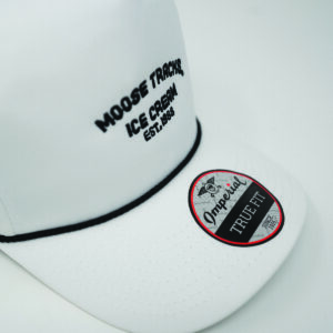 white imperial rope hat with moose tracks ice cream est. 1988 embroidered with black thread