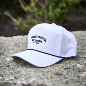 white imperial rope hat with moose tracks ice cream est. 1988 embroidered with black thread