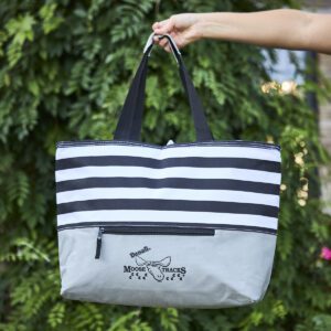 Black and white striped cooler bag with black handles and grey bottom. Black Denali Moose Tracks logo on bottom and front-facing zipper.