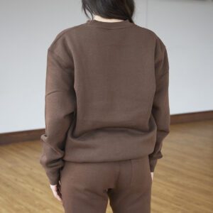 The back of a brown, crewneck sweatshirt